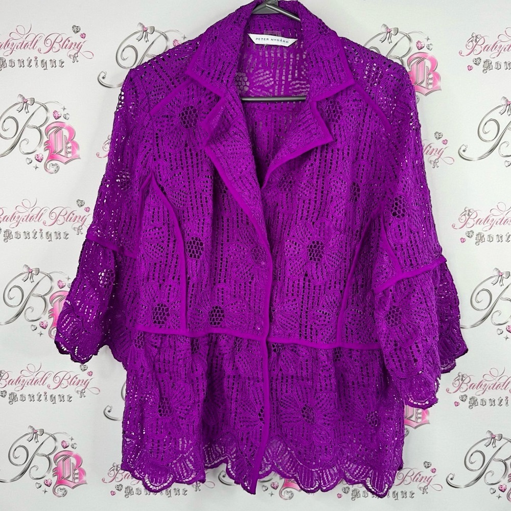 Peter Nygard Purple Lace Blouse coverup button up sweater ruffle sleeves floral